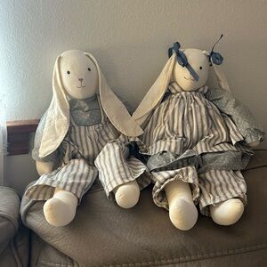 Vintage Bunnies Pair. Soft cotton blue white Easter ticking fabric cleaned